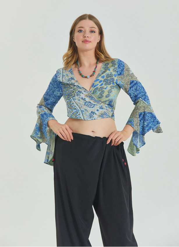 Tied Spanish Sleeve Blue Plus Size Blouse 4624